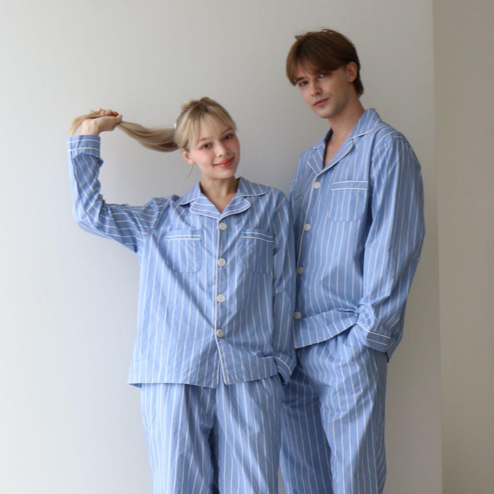 의식주의 프렌치 스트라이프 순면 긴팔 잠옷 세트