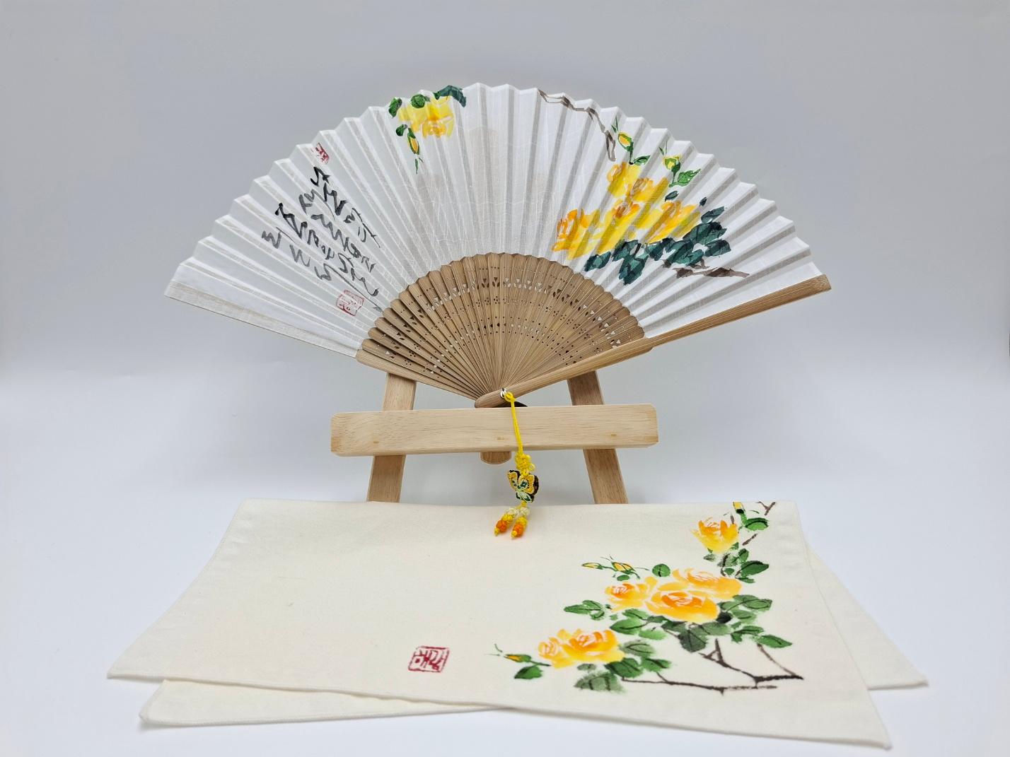 핸드메이드 문인화 실크부채+손수건 선물용 세트