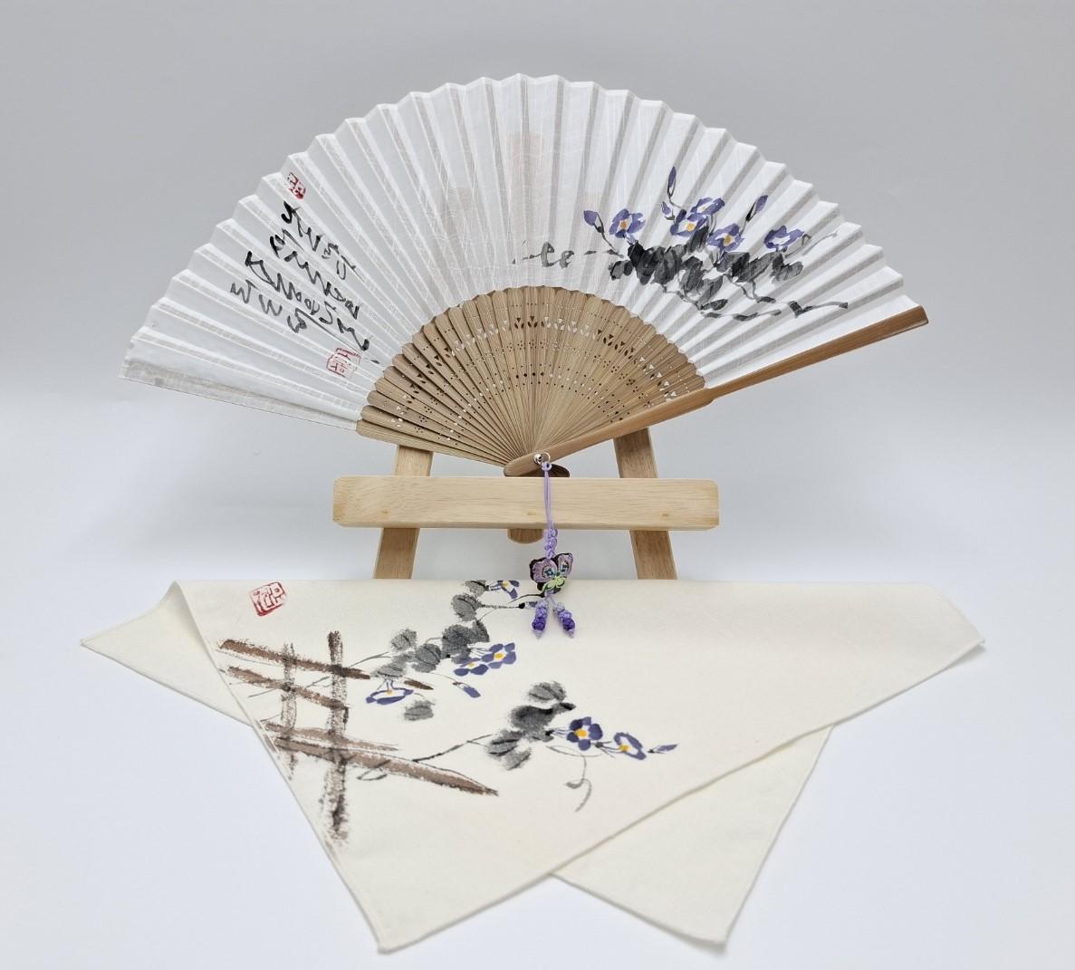 핸드메이드 문인화 실크부채+손수건 선물용 세트