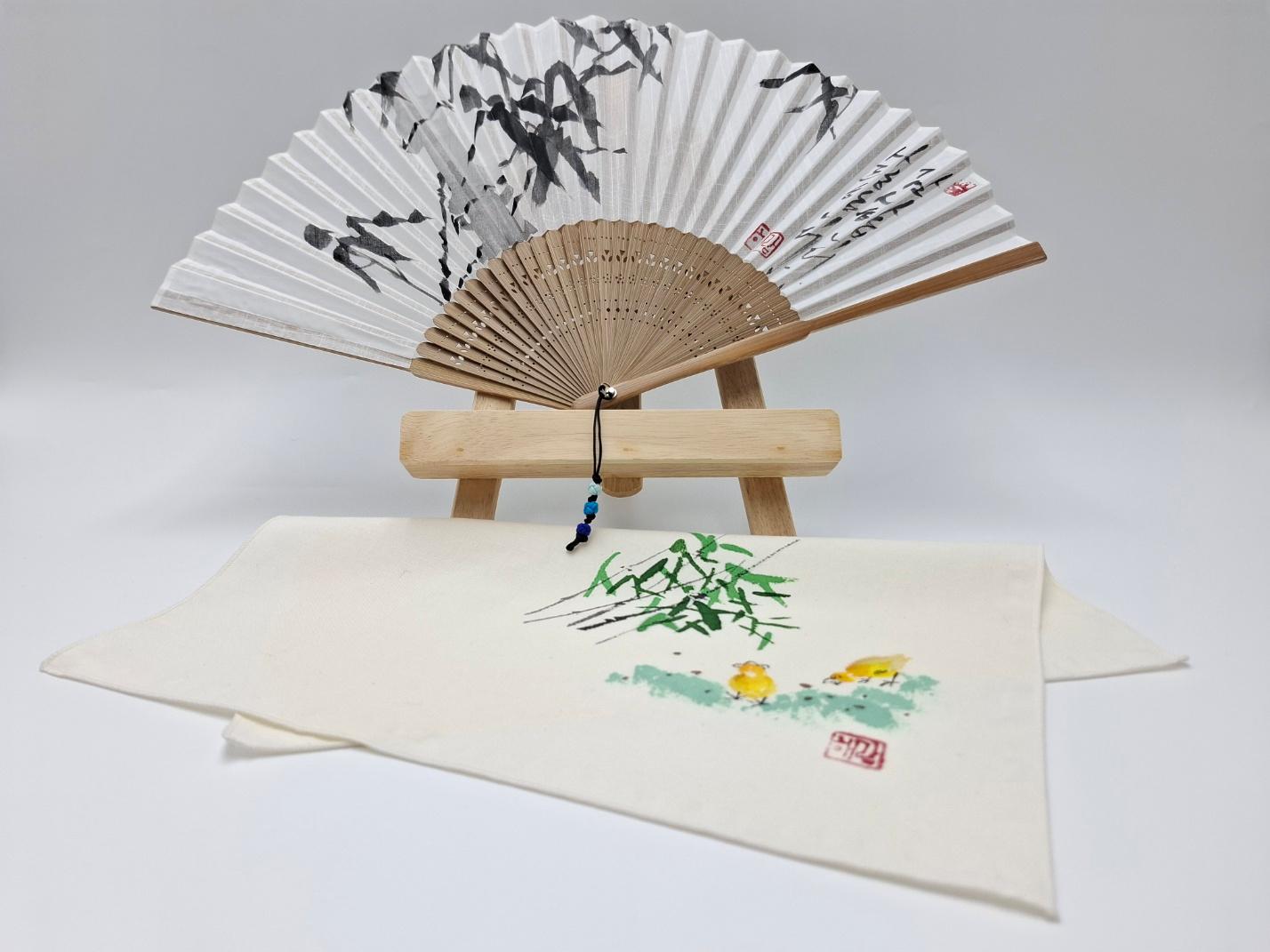 핸드메이드 문인화 실크부채+손수건 선물용 세트