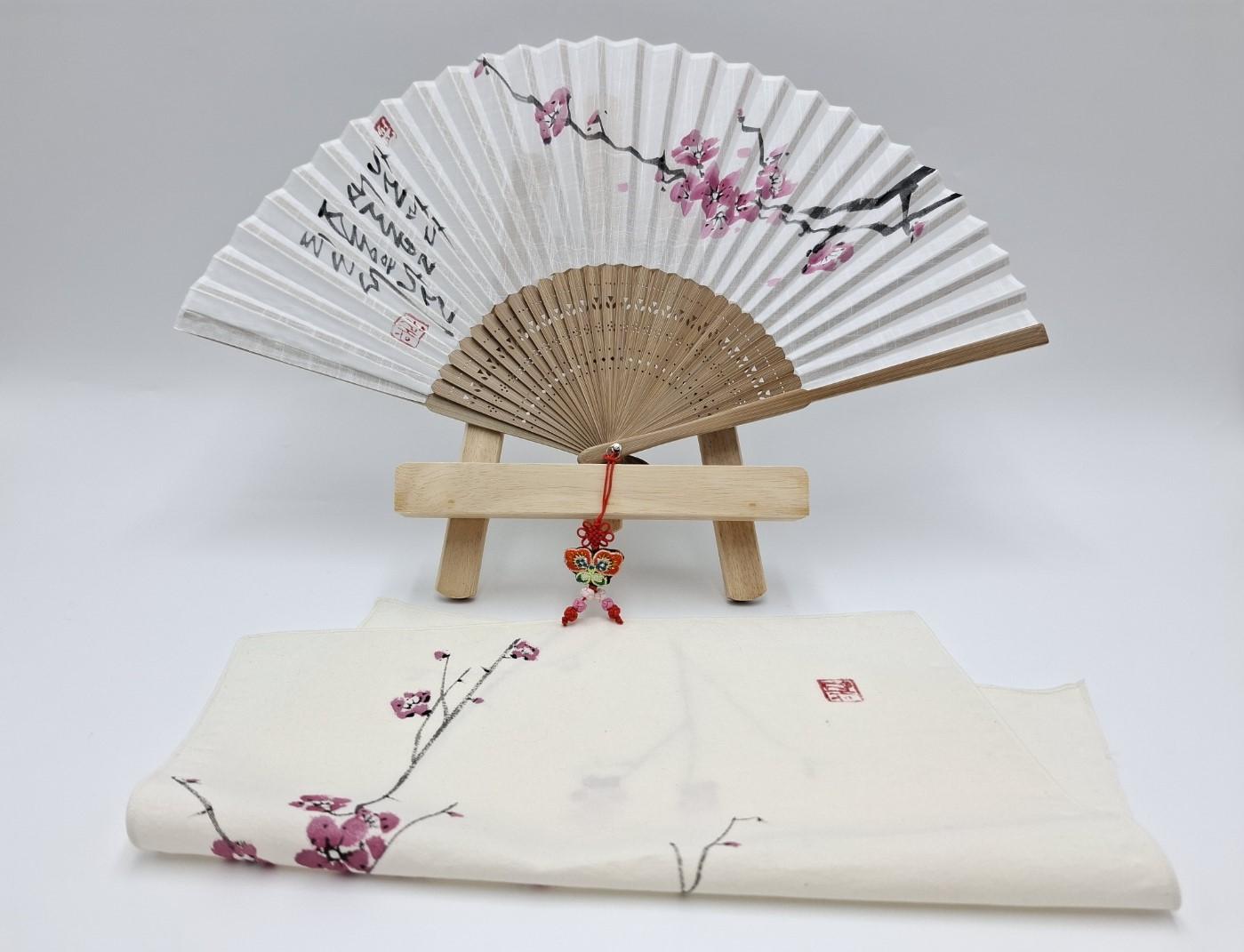 핸드메이드 문인화 실크부채+손수건 선물용 세트