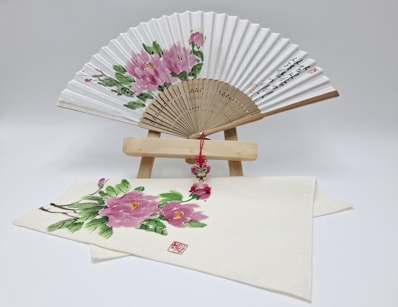 핸드메이드 문인화 실크부채+손수건 선물용 세트