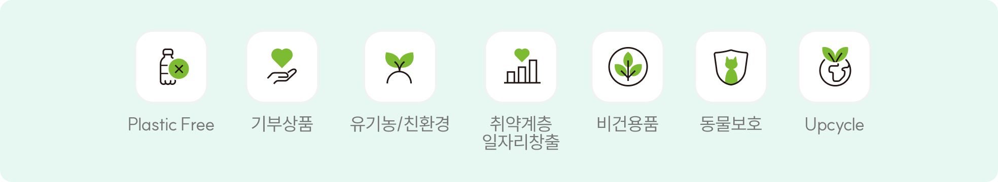 제로웨이스트, 기부상품, 유기농/친환경, 취약계층 일자리 창출, 대체식품, 동물보호, 지구보호 등 기업정보 이미지